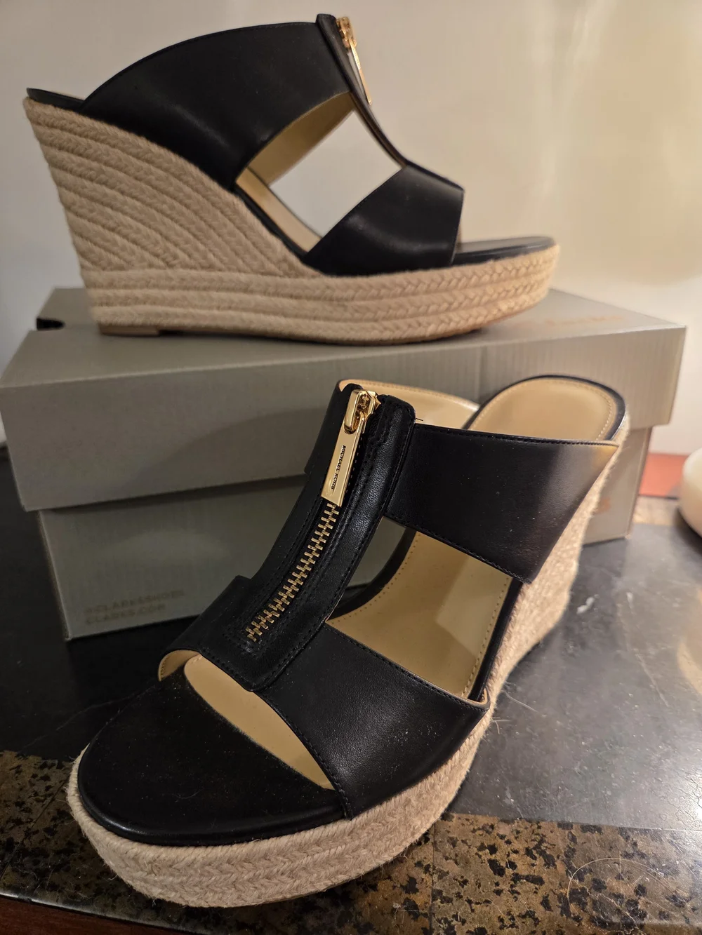MICHAEL Michael Kors Black Leather Wedge Sandals with Gold Zip